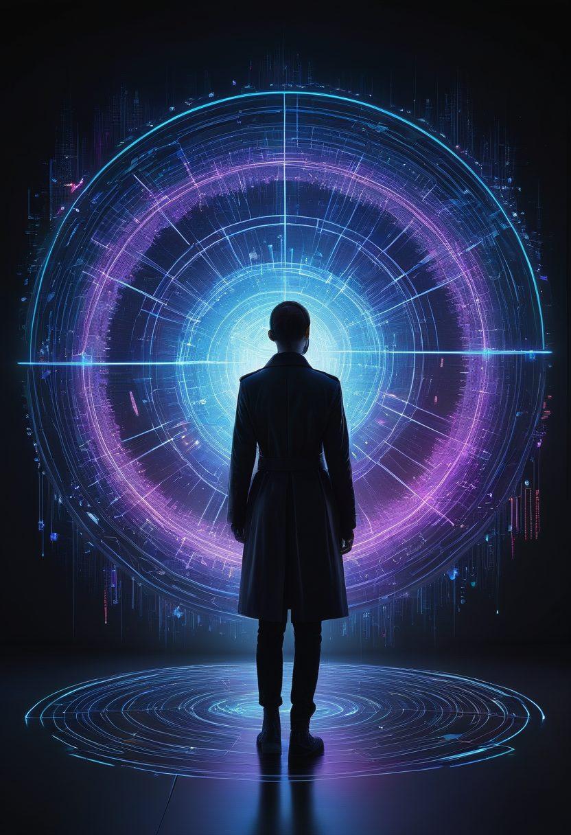 A futuristic digital landscape featuring interconnected nodes and glowing decentralized identifiers (DIDs) creating a web of secure connections. Centralized around a human figure, symbolizing secure identity, enveloped by a halo of data streams. Use high-tech interfaces, virtual reality elements, and sleek modern design. cyberpunk. vibrant colors. dark background.