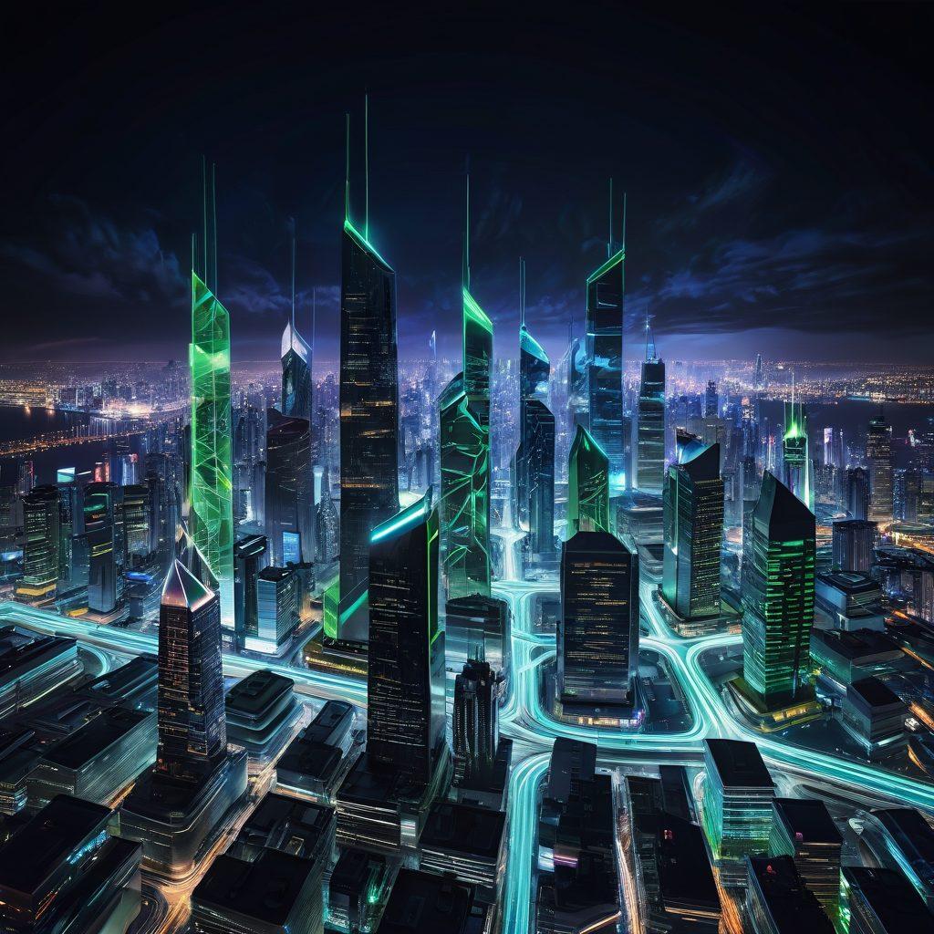 A futuristic cityscape representing a digital network, with interconnected nodes symbolizing Decentralized Identifiers (DIDs). Cybersecurity shields hover around the nodes, protecting them from data breaches. Dark blue and neon green hues dominate the palette, conveying a sense of advanced technology and security. 3D, cyberpunk, vibrant colors.